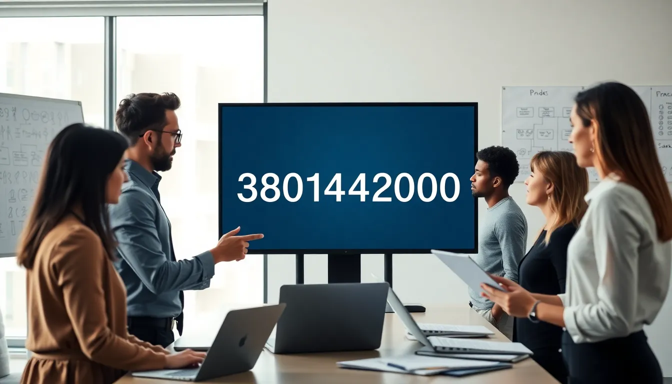 professionals collaborating around a digital display of product identification code.