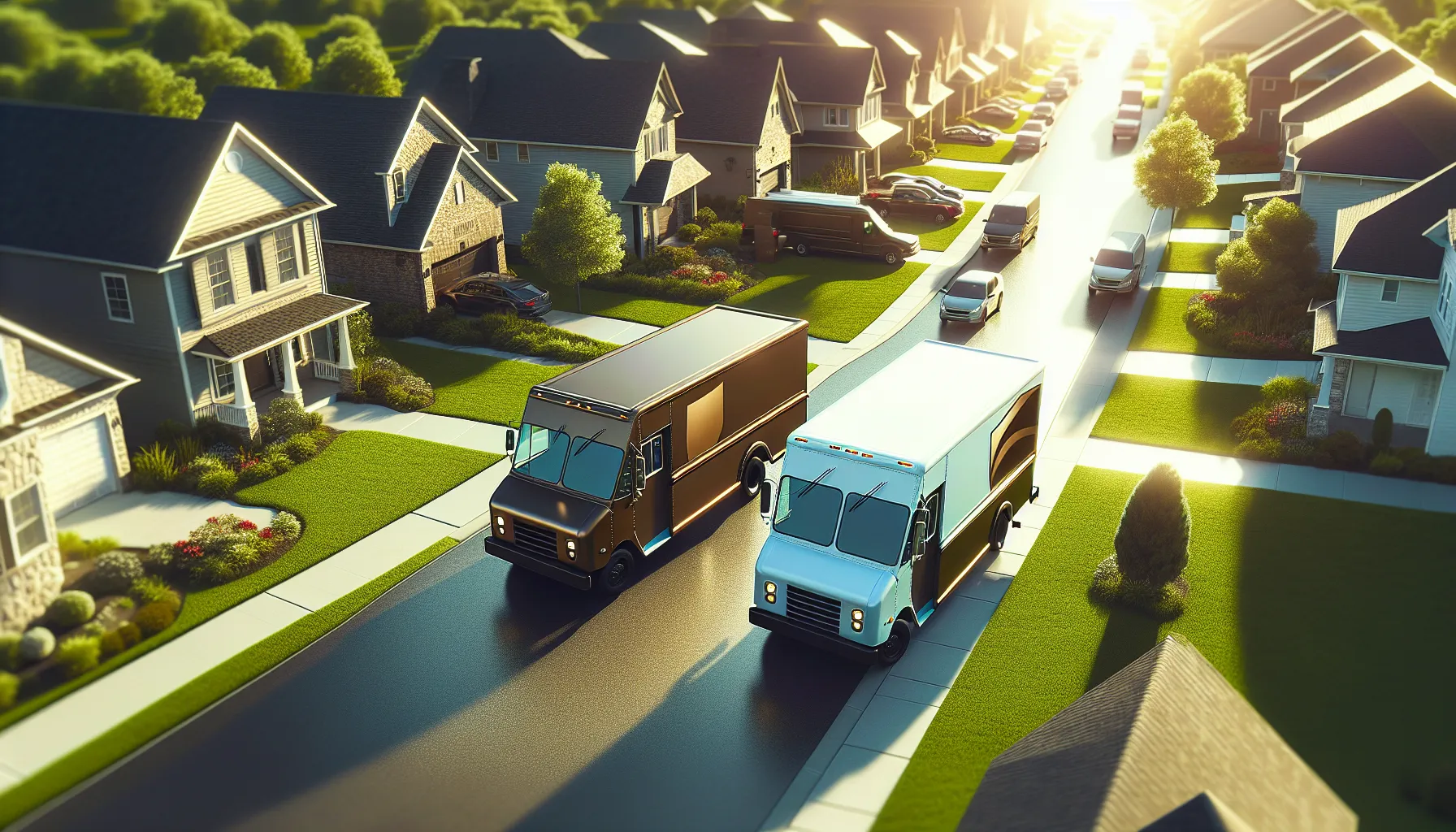 UPS and USPS delivery trucks parked in a suburban neighborhood.