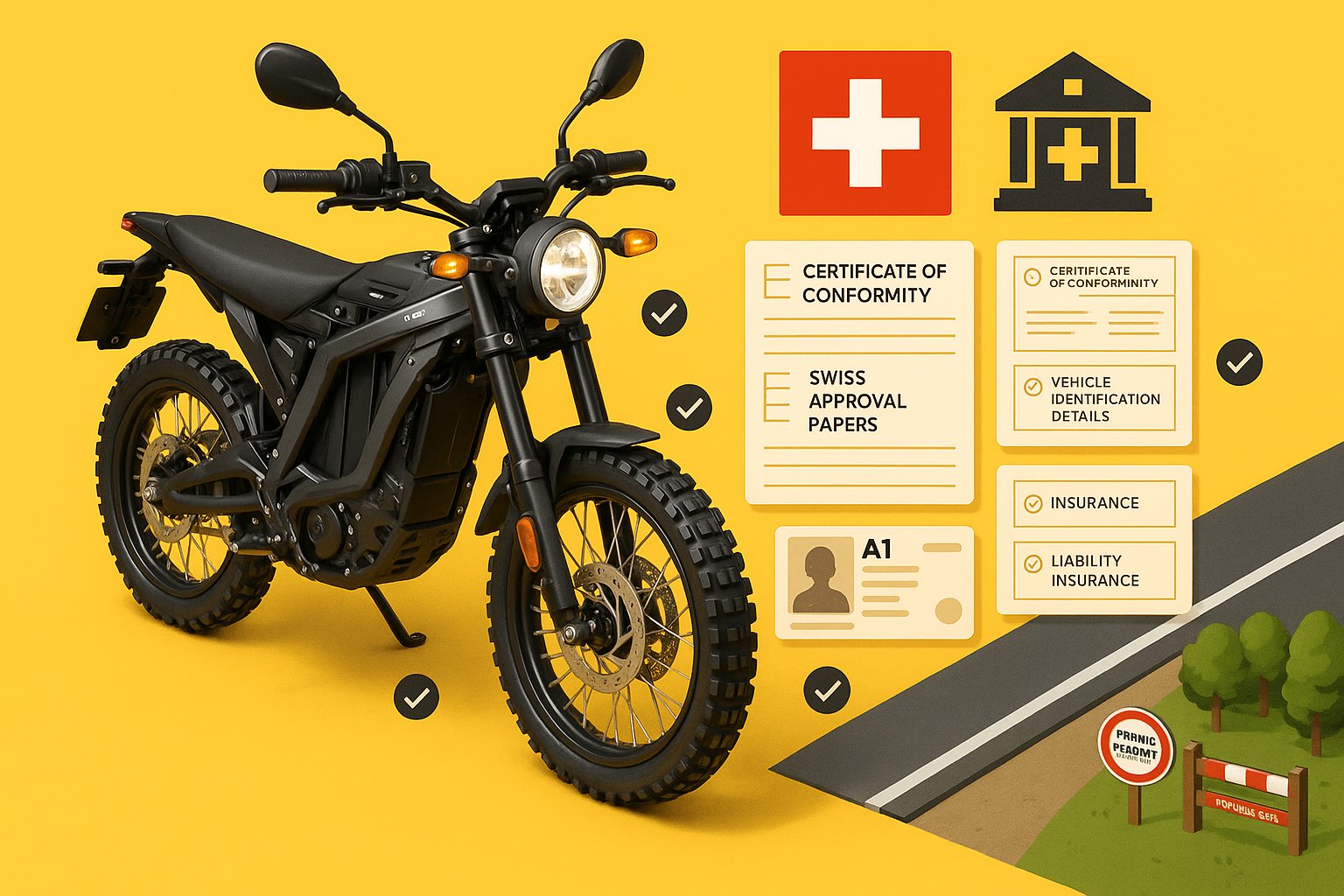 3D render of a Surron motorcycle with Swiss road approval documents and insurance symbols.