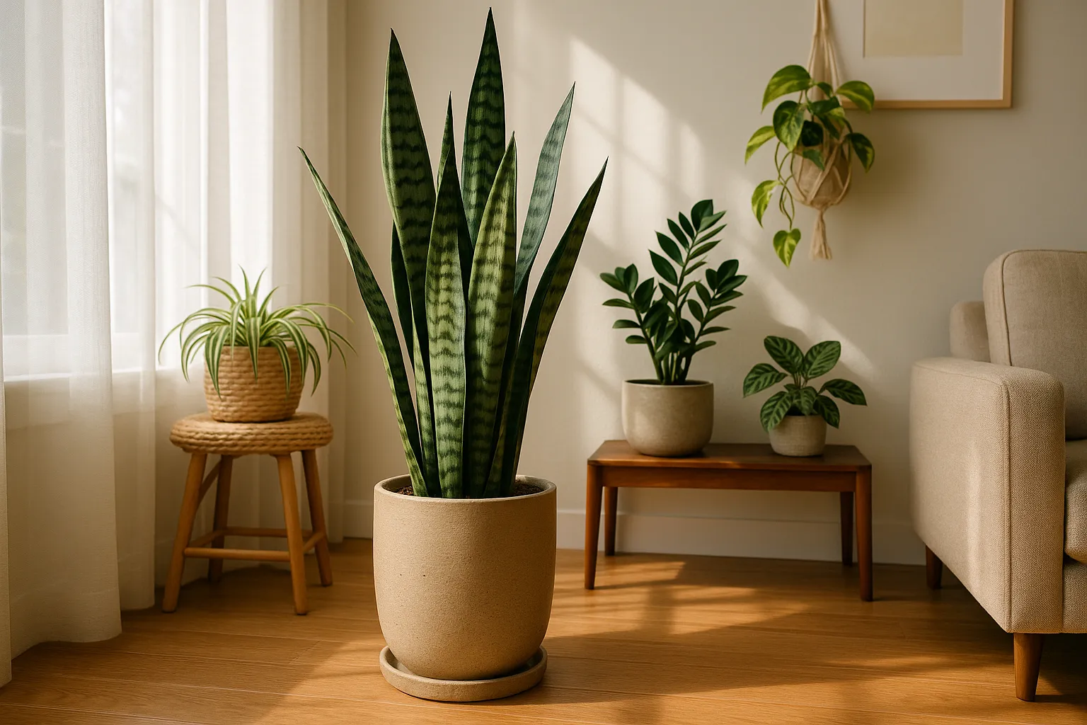 Snake plant in a modern living-room corner with several companion houseplants.