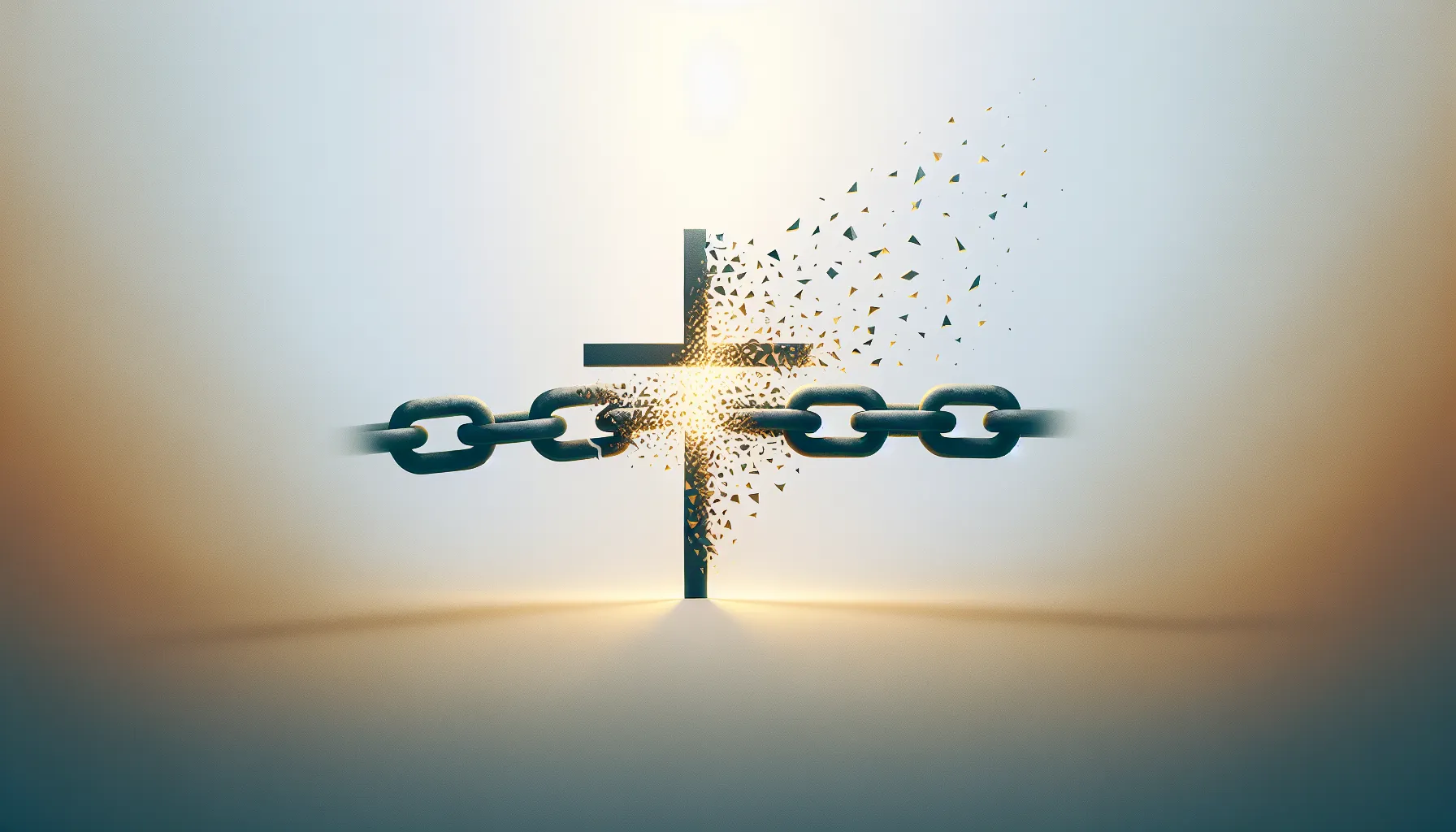 Broken chains dissolving into light with a cross symbol, representing freedom and faith