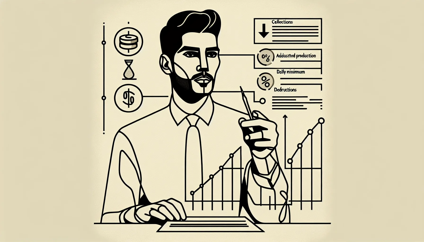 Dentist pointing to a clipboard showing pay breakdown icons and a payroll slip.