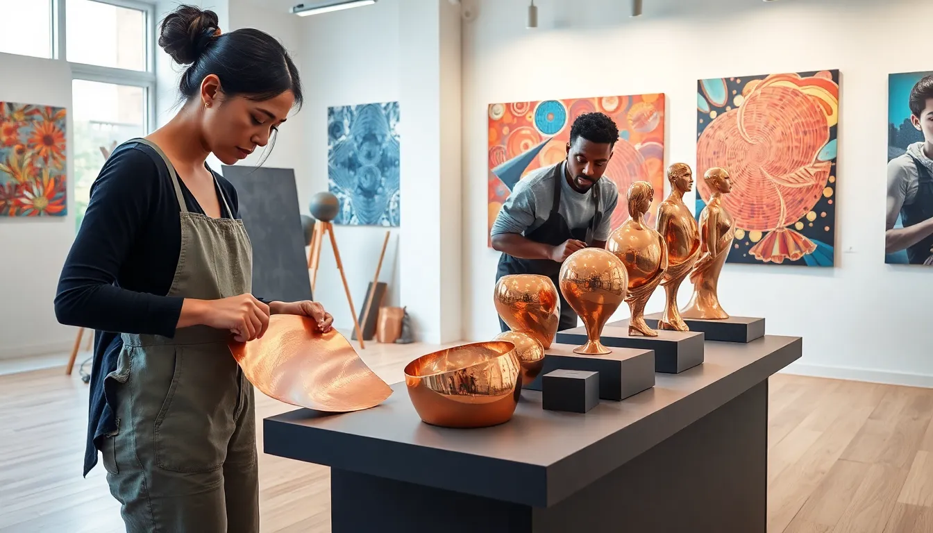 artists collaborating in a modern studio using copper for artistic expression.