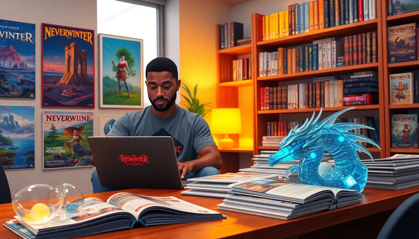 A man reviewing Neverwinter's Redwebzine in a vibrant workspace.