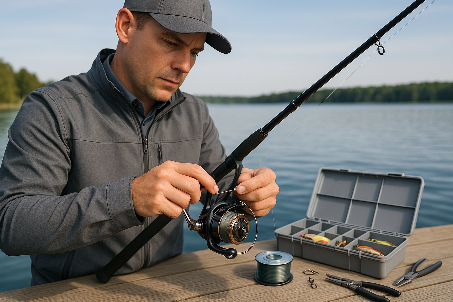 Angler adjusting a spinning reel line on a dock.