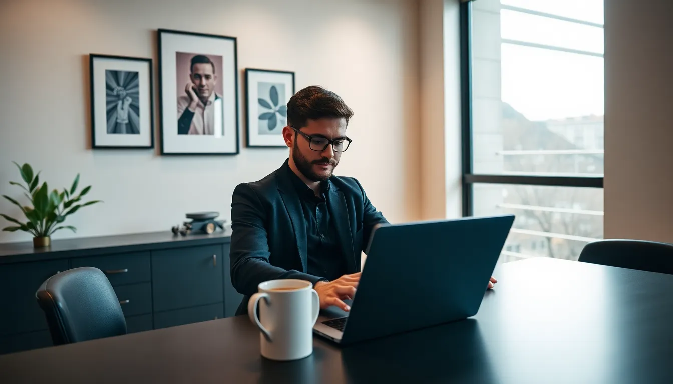 person engaged in online learning at a modern workspace.
