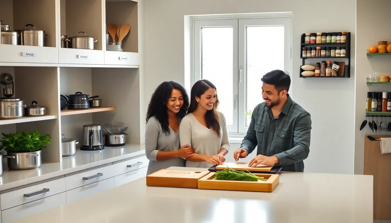 organized modern kitchen with a diverse family cooking together.