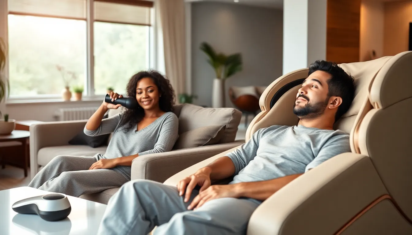 people relaxing in a modern living room with massage gadgets.
