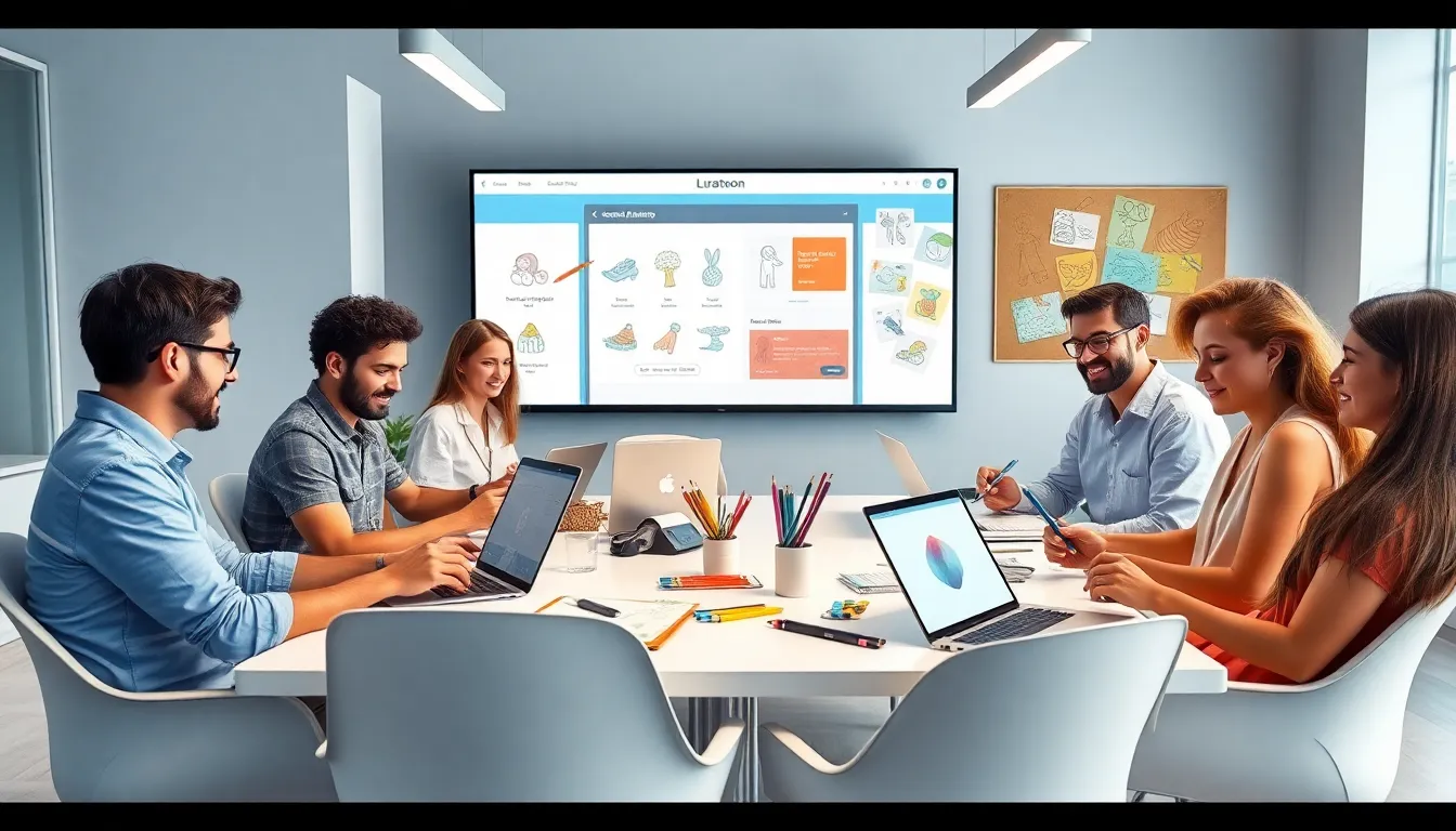 diverse artists collaborating on digital art in a modern workspace.