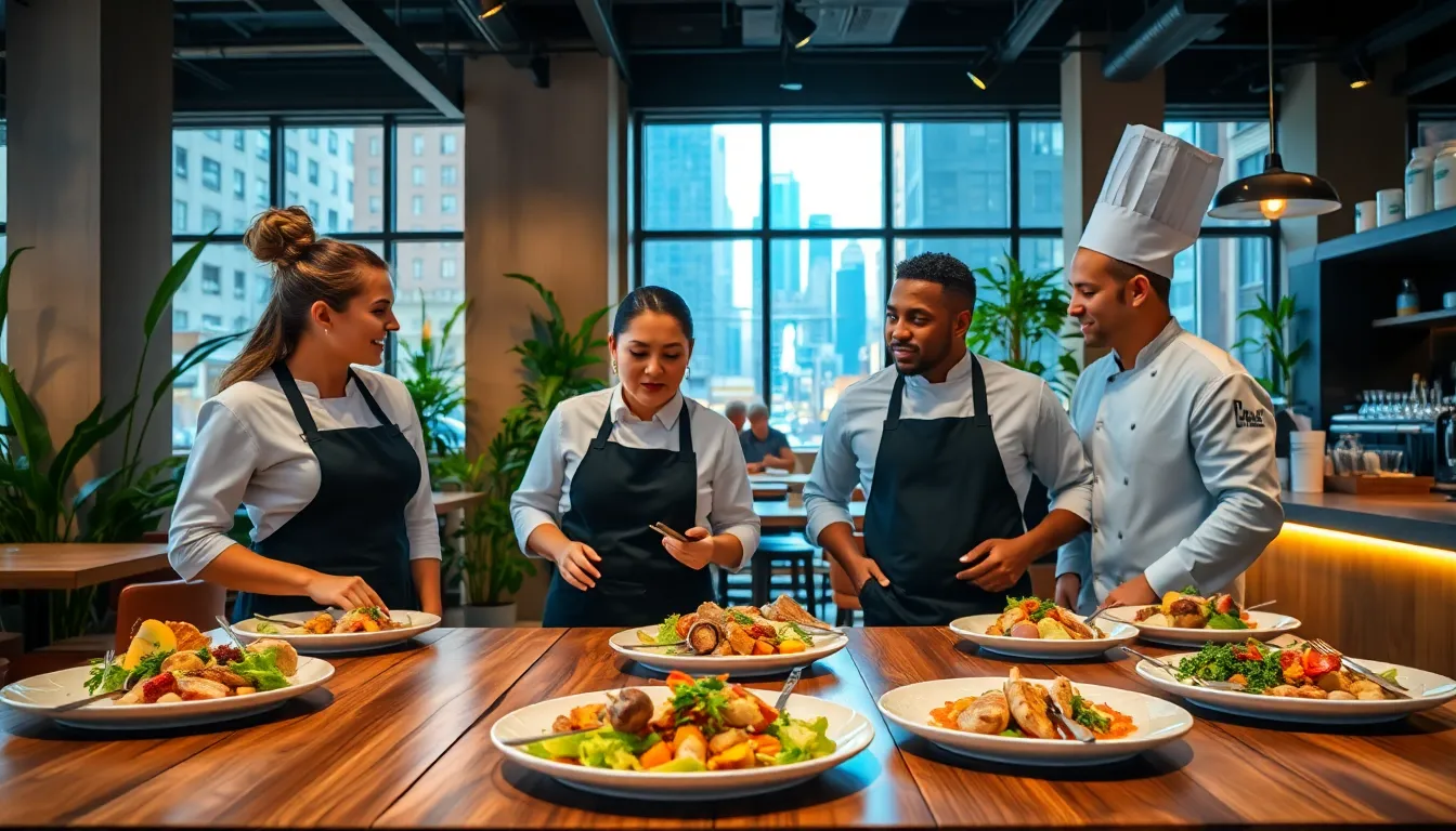 diverse chefs discussing innovative restaurant dishes in a modern setting.
