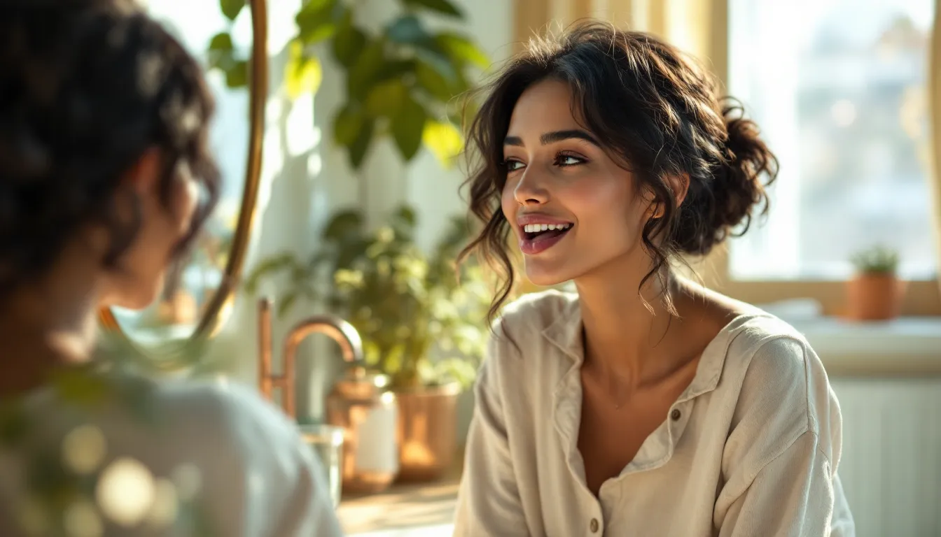 Woman examining her tongue in a mirror during a calm morning routine.