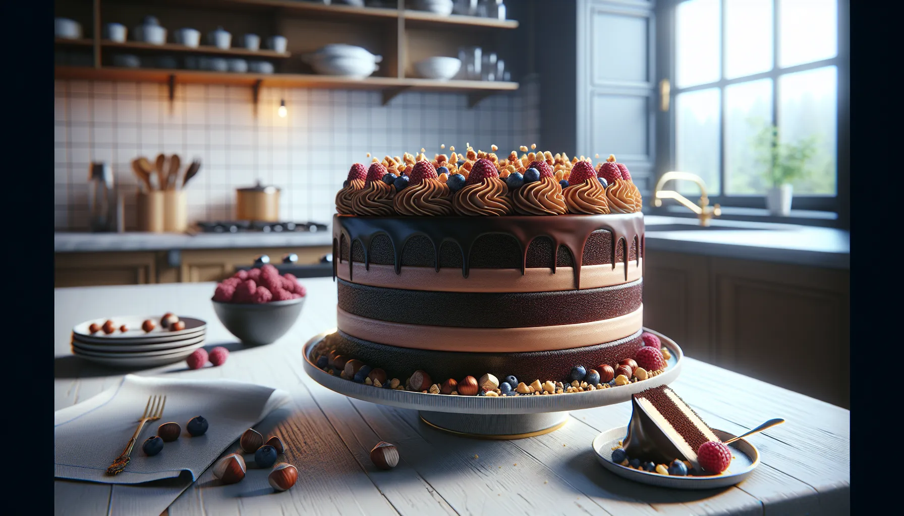 Layered homemade chocolate cake with berries, nuts, caramel and espresso in a nordic kitchen.