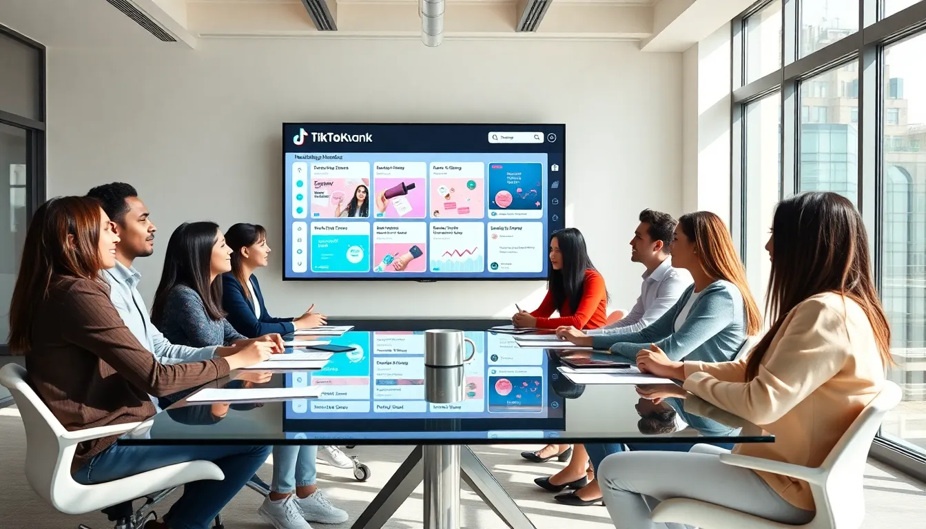 diverse team discussing TikTok hashtags in a modern office.