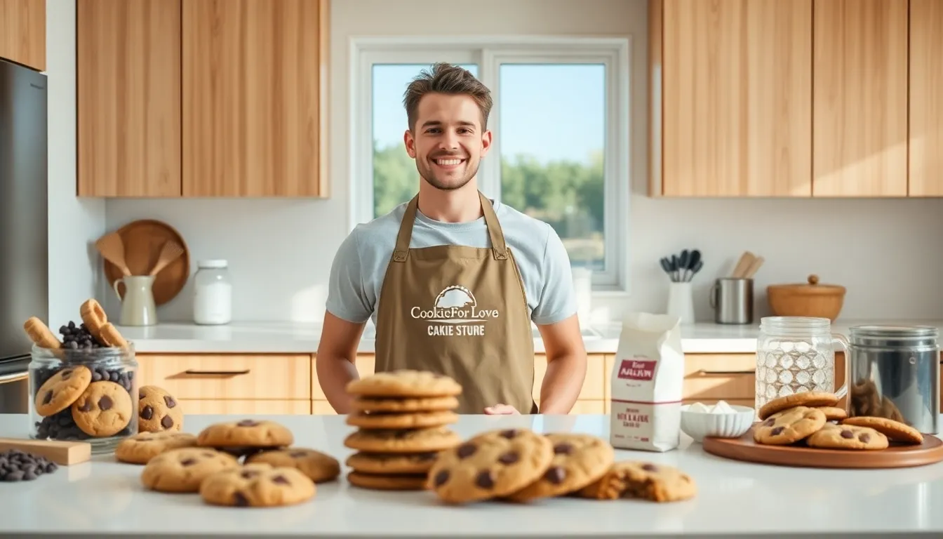 Jackson in a modern kitchen, surrounded by cookies and ingredients.