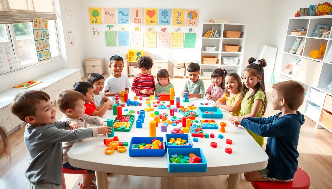 Preschoolers engaging with colorful manipulatives in a bright classroom.