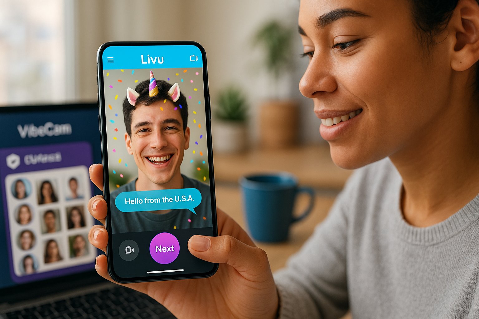 Person tapping LivU video chat with AR effect and translation on smartphone.