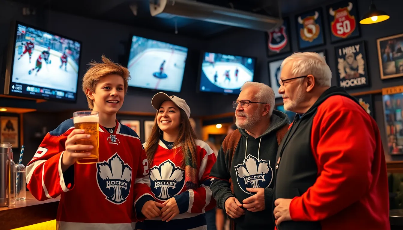 hockey fans discussing the latest games in a sports bar.