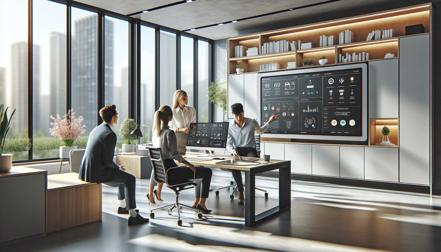 professionals discussing software in a modern office workspace.