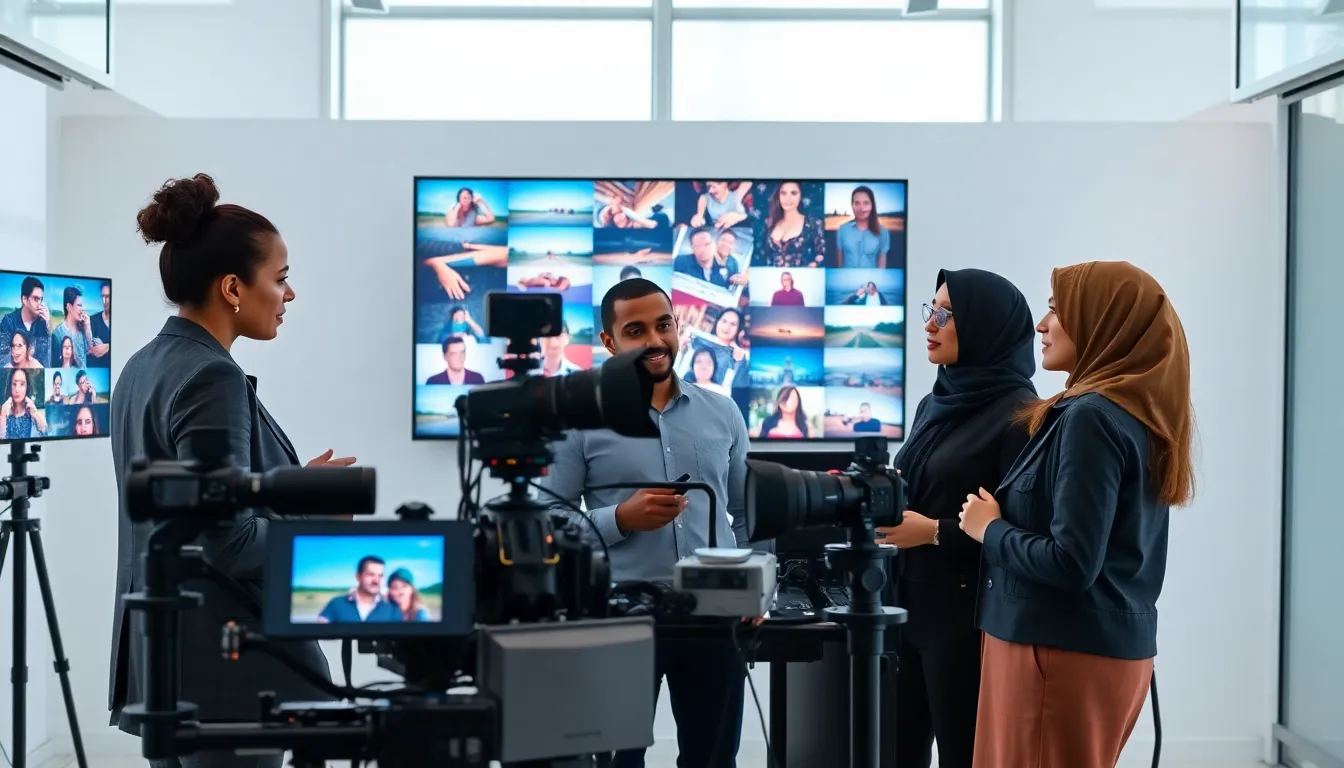 diverse professionals collaborating in a modern photo studio setting.
