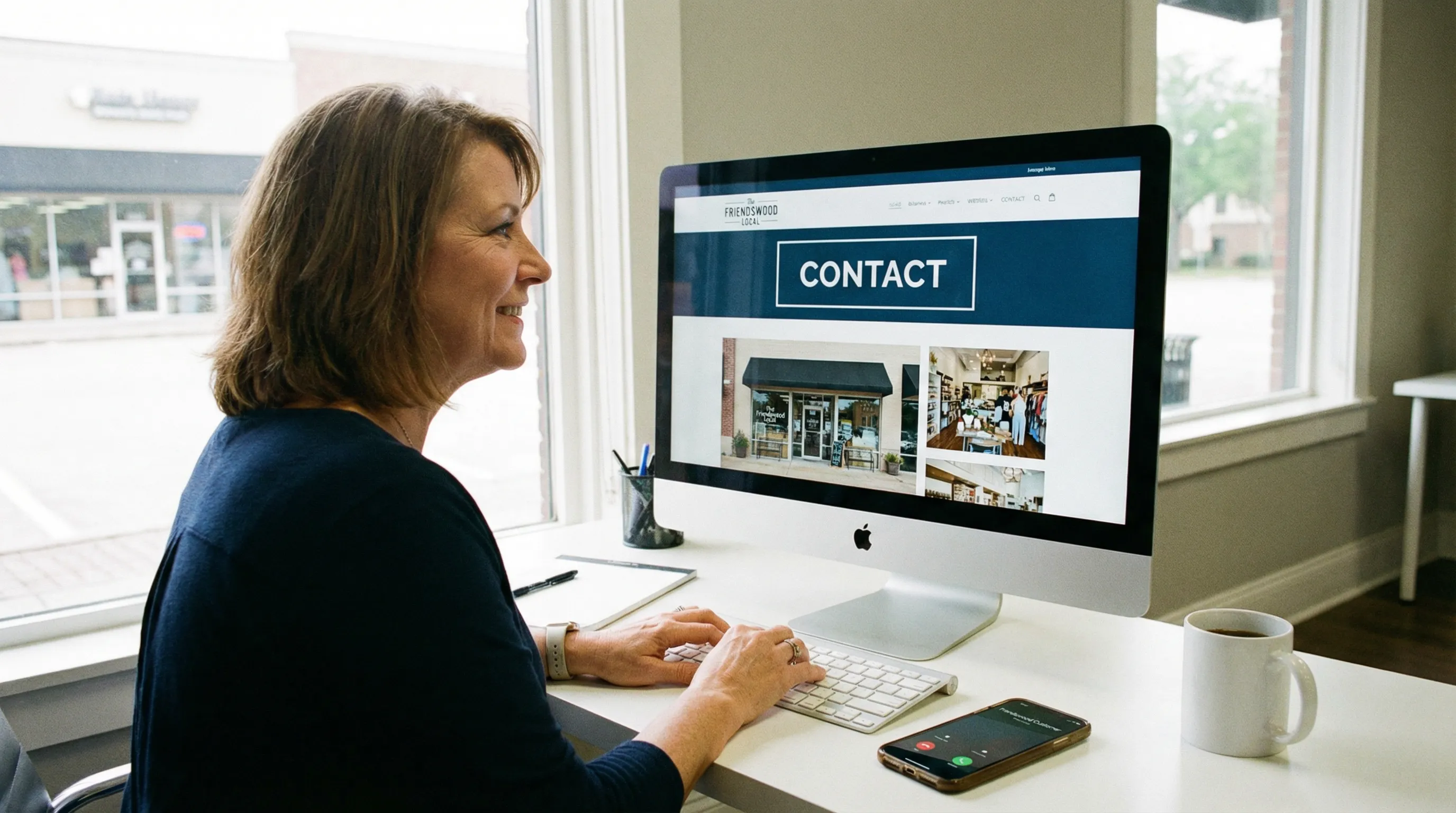 Friendswood business owner at a desk reviewing a conversion-focused website on a desktop while a phone shows an incoming call.