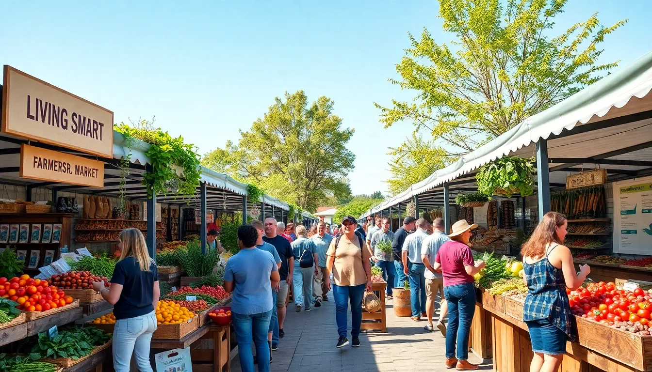 open-air farmers market featuring fresh produce and diverse vendors.