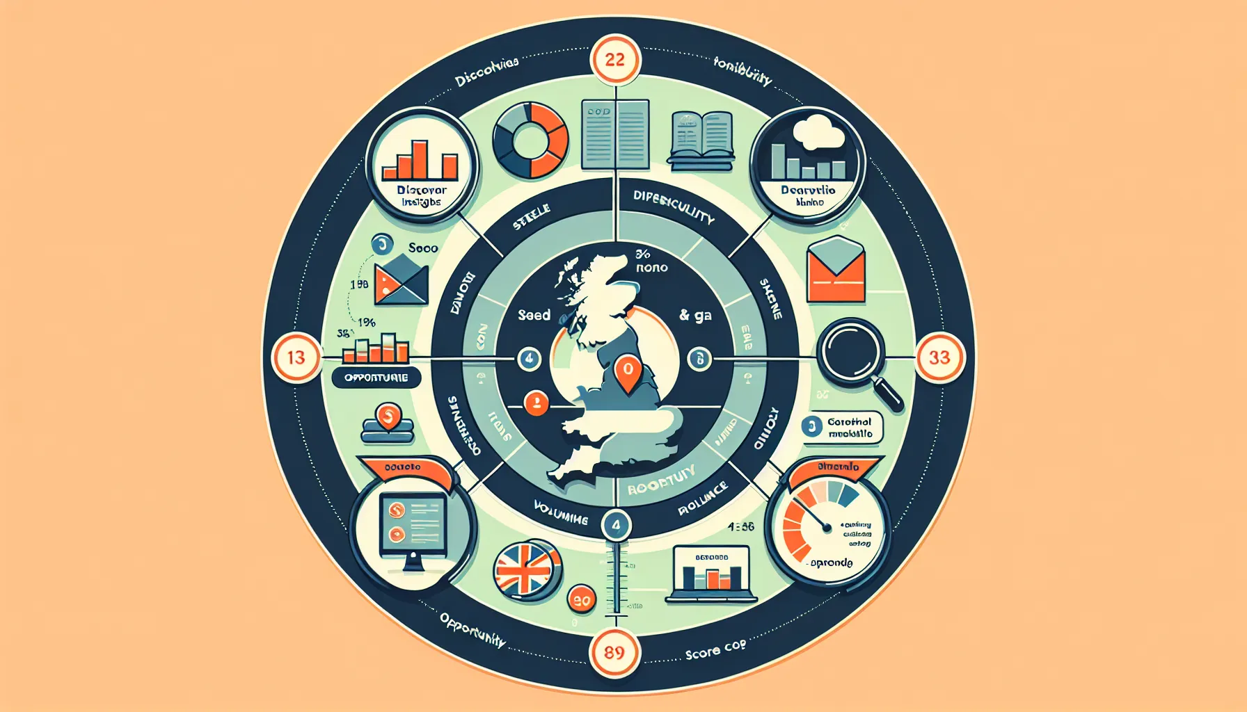 Circular process illustrating how to research UK SEO ranking keywords effectively.