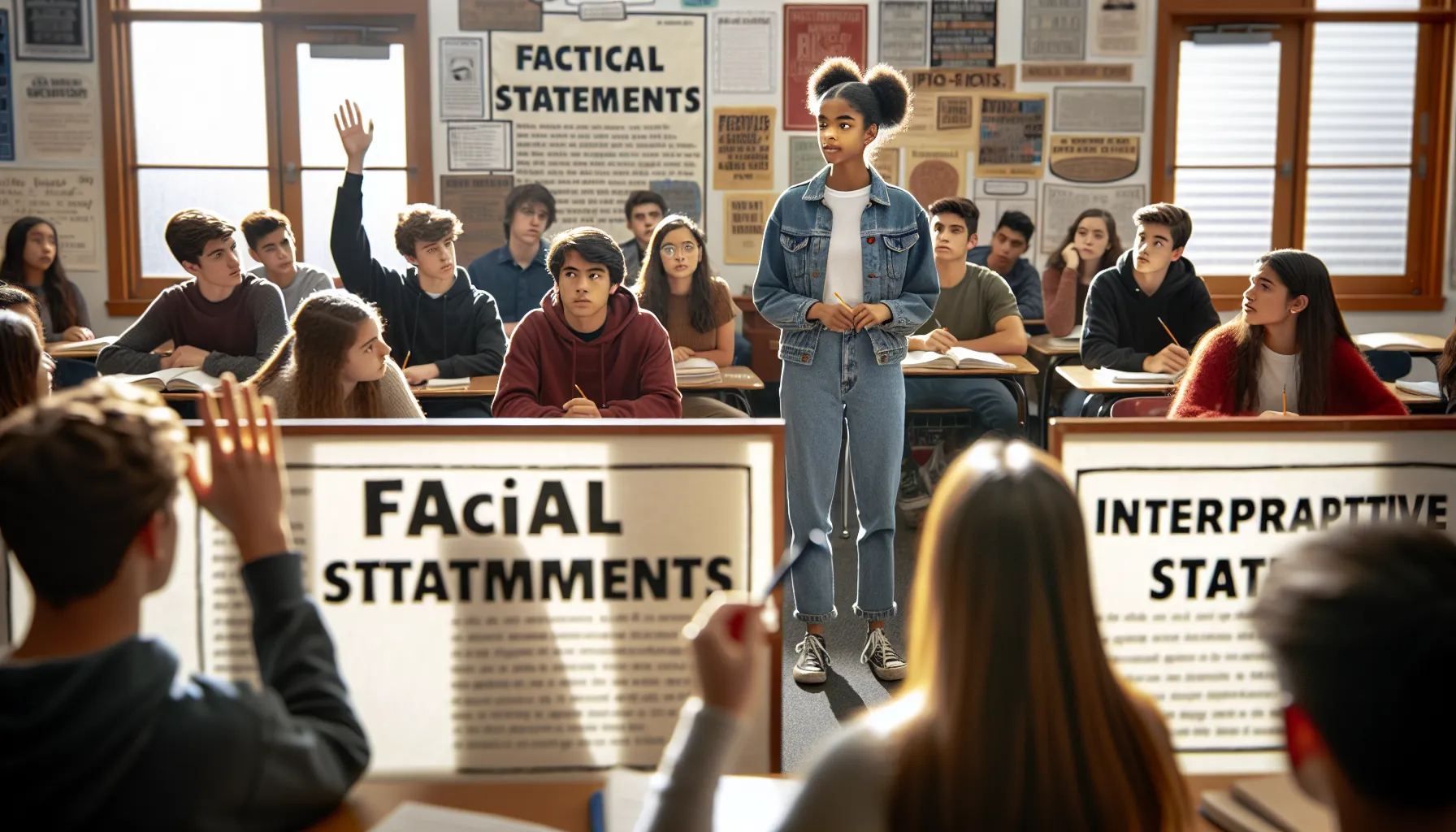 a diverse group of students debating factual and interpretative statements in class.