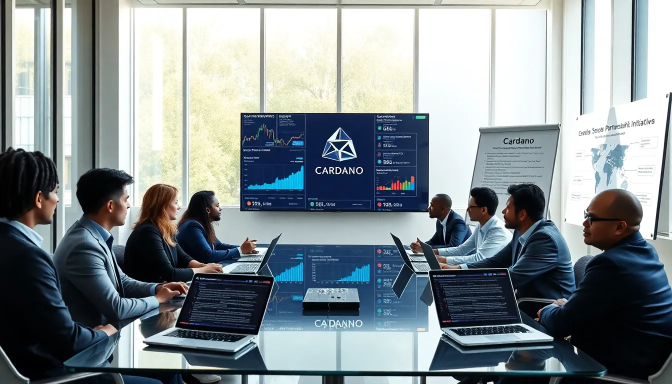 diverse professionals discussing Cardano developments in a modern office.