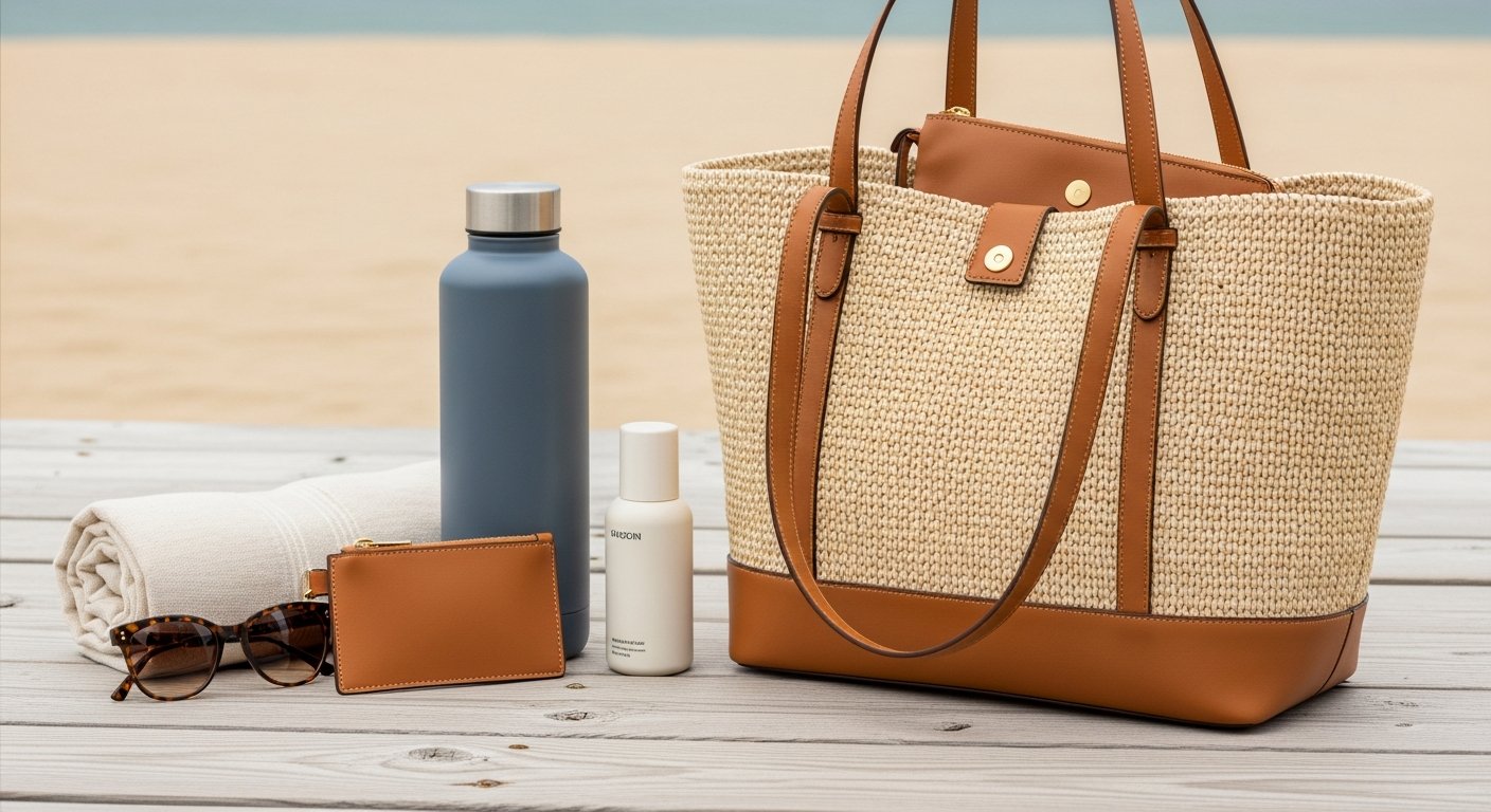 Luxury beach tote with summer essentials on an upscale beachside setting.