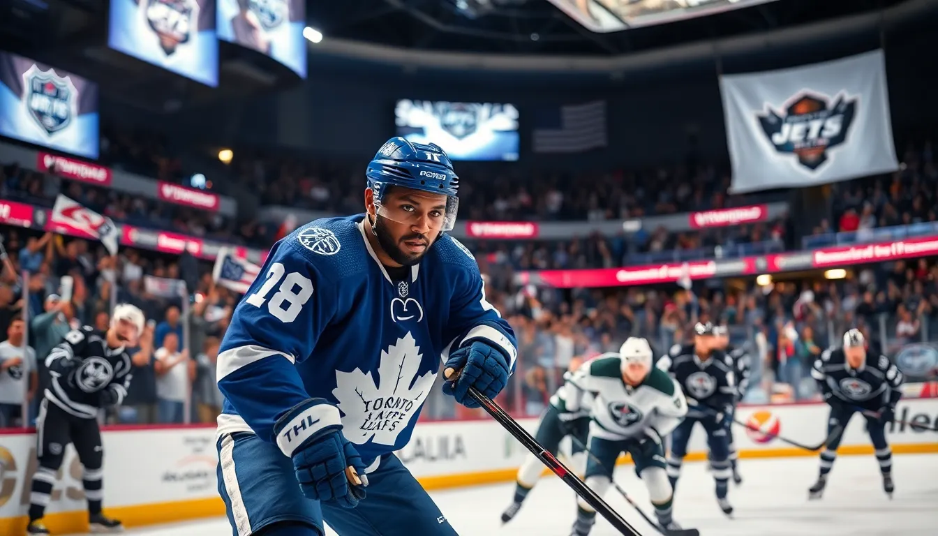 NHL players in action during a thrilling hockey game in an arena.