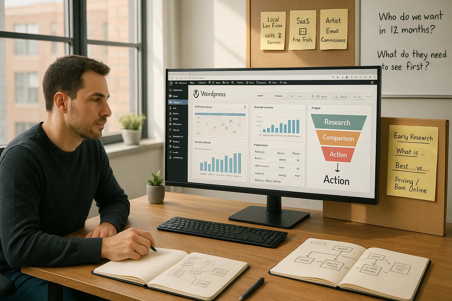SEO expert planning WordPress strategy with buyer journey funnel on office monitor.