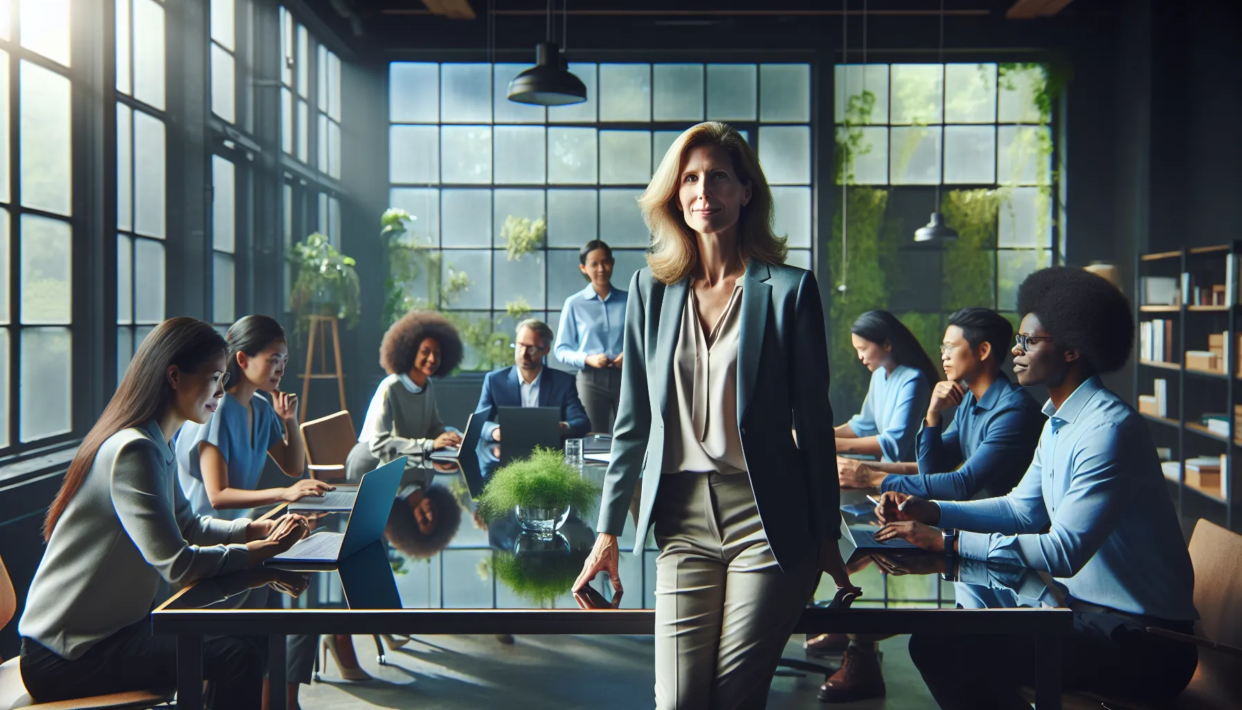 Leannebernda leading a team in a modern office discussing future aspirations.