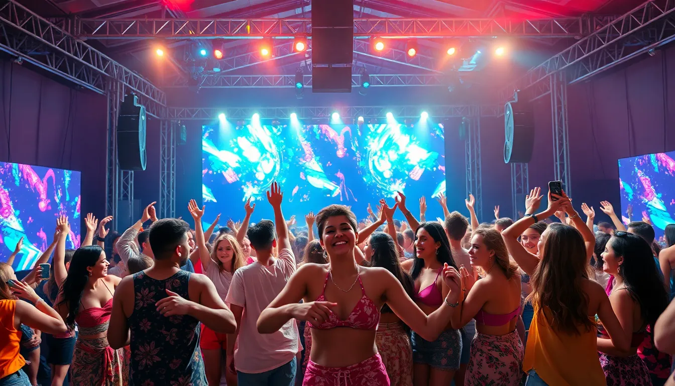 diverse group enjoying dance music at a lively festival.