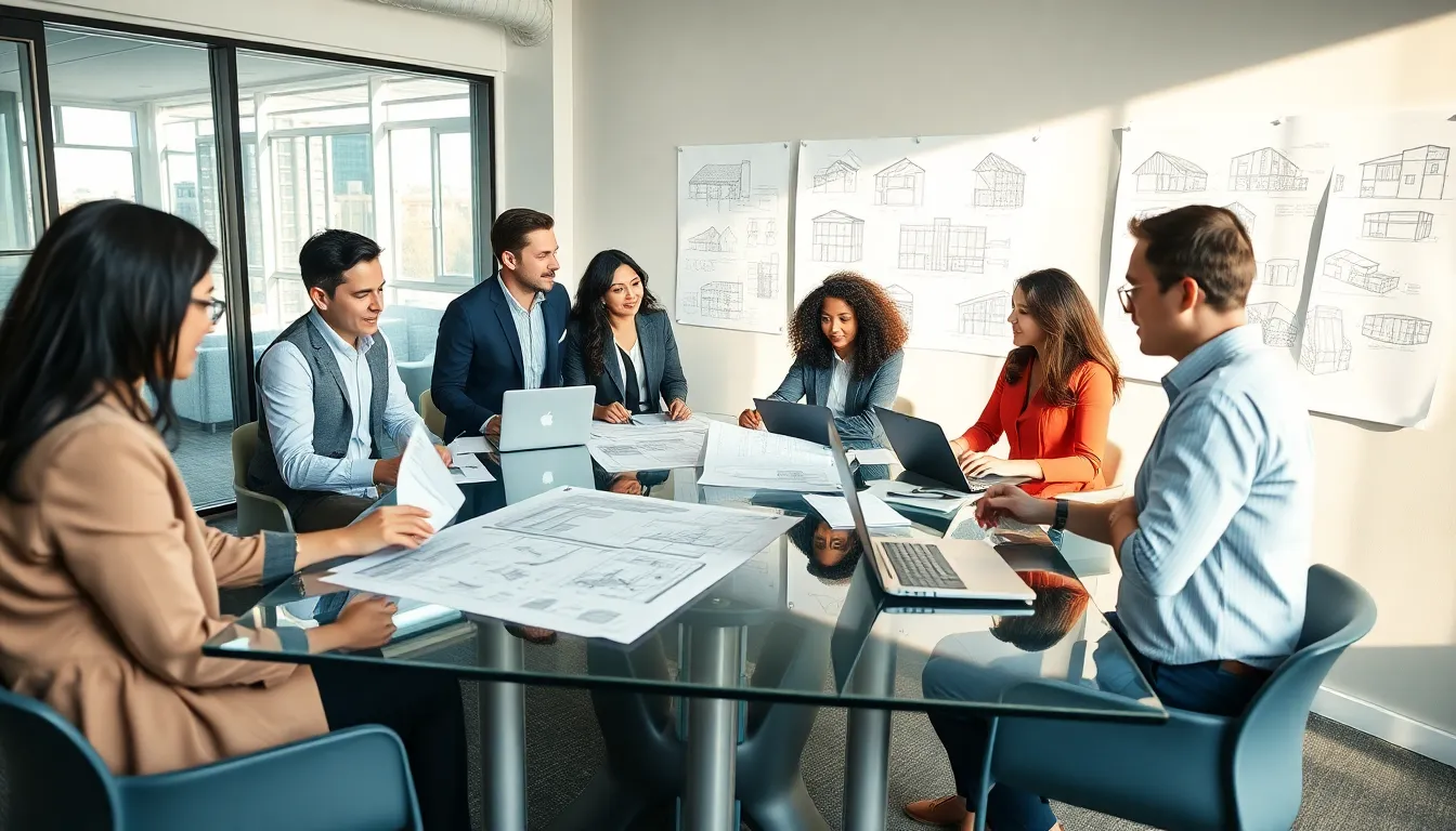 diverse architects collaborating in a modern office setting.