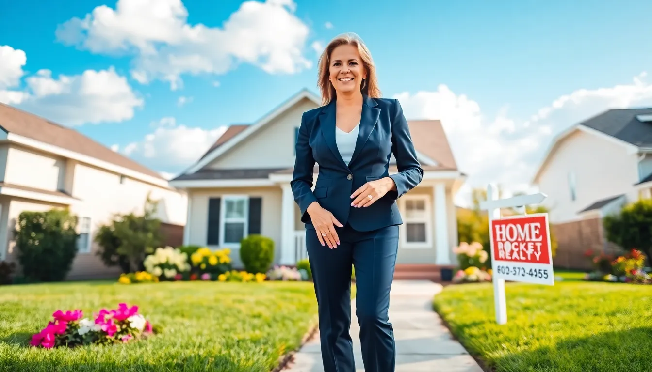 A real estate agent welcoming clients in front of a suburban home.