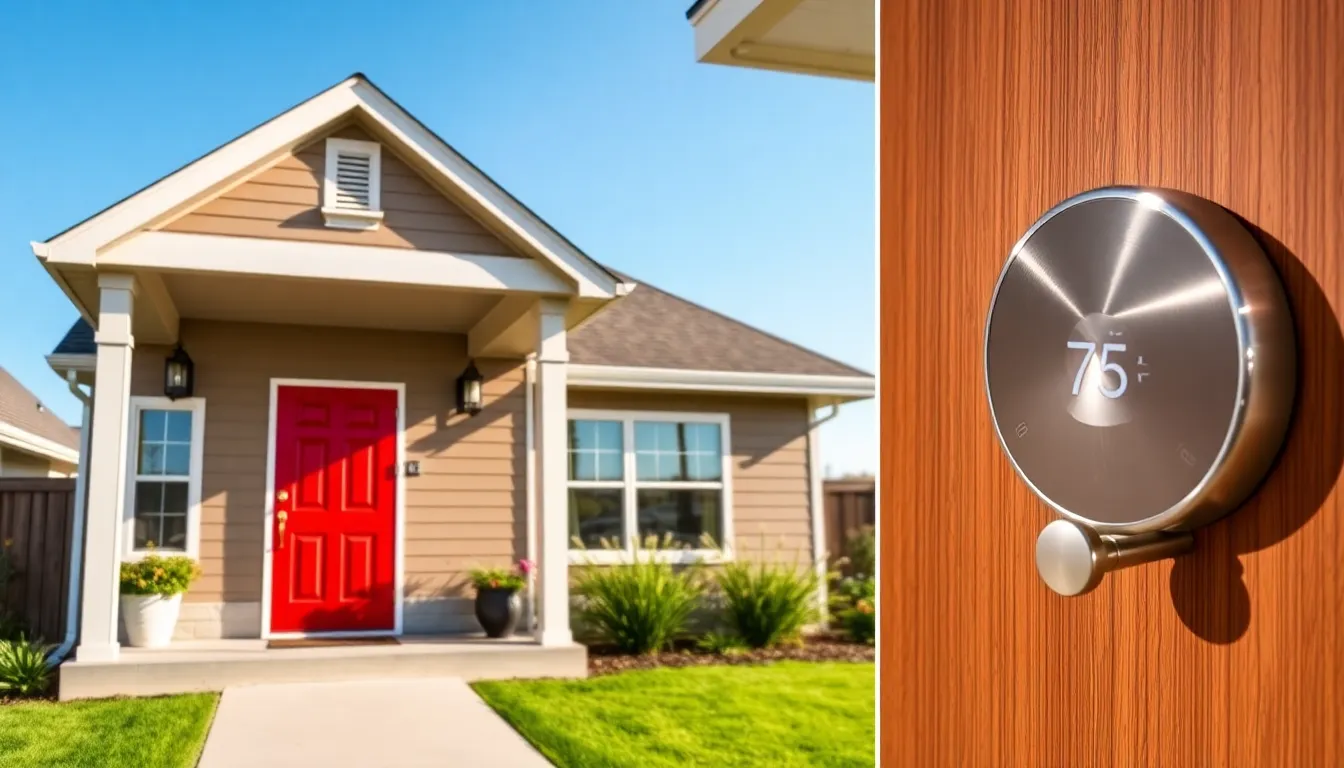 a modern home with a vibrant front door and updated features.