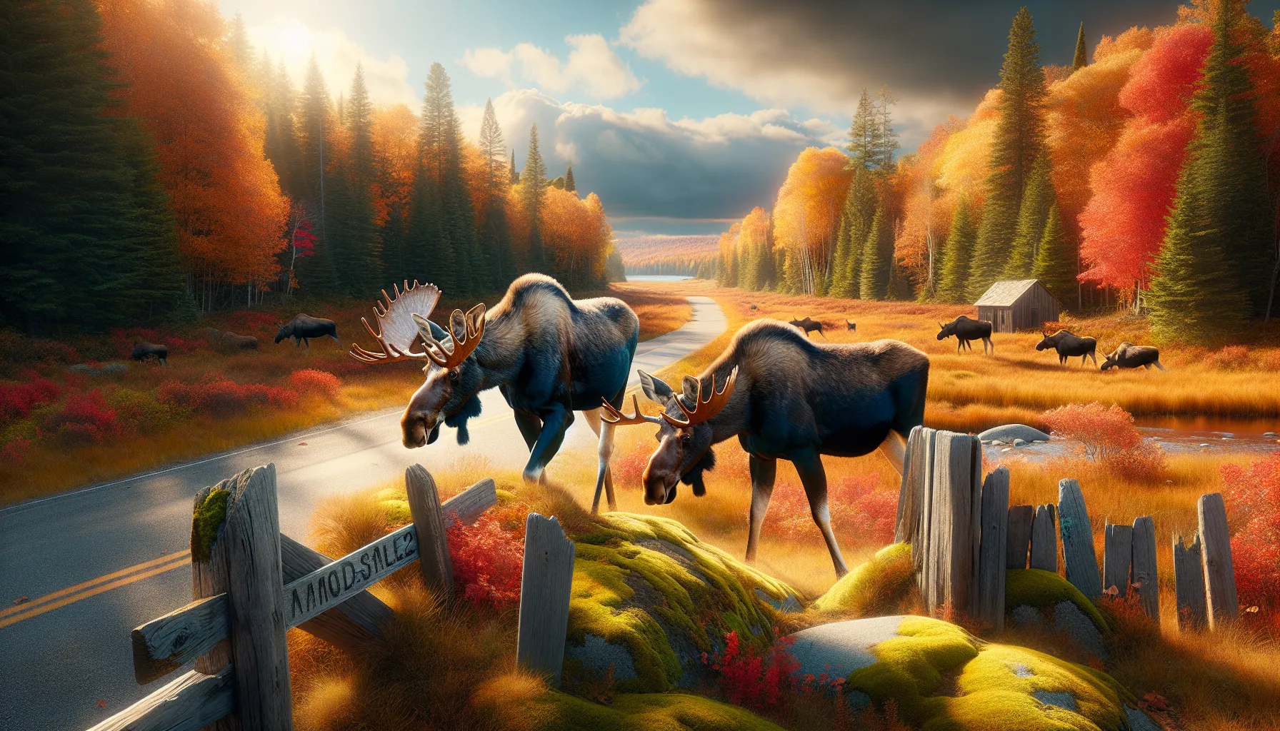 two moose foraging in an autumn forest setting.