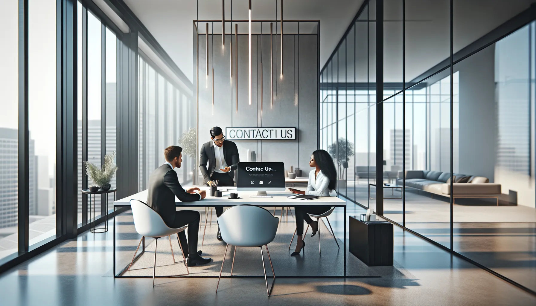 diverse team discussing contact options in a modern office.