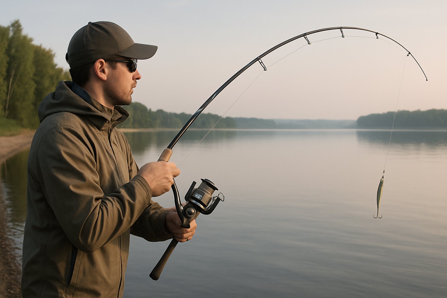 Angler demonstrating smooth spinning reel casting technique by a lakeshore.