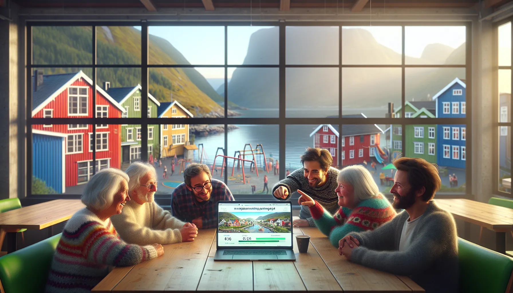 Neighbors in a norwegian café backing a local project on a crowdfunding website.
