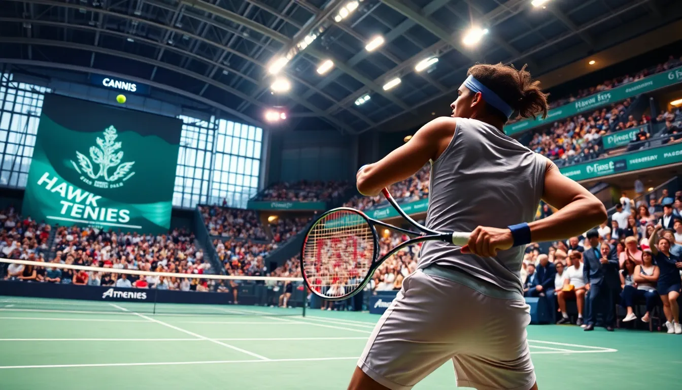tennis players competing in a lively stadium atmosphere.