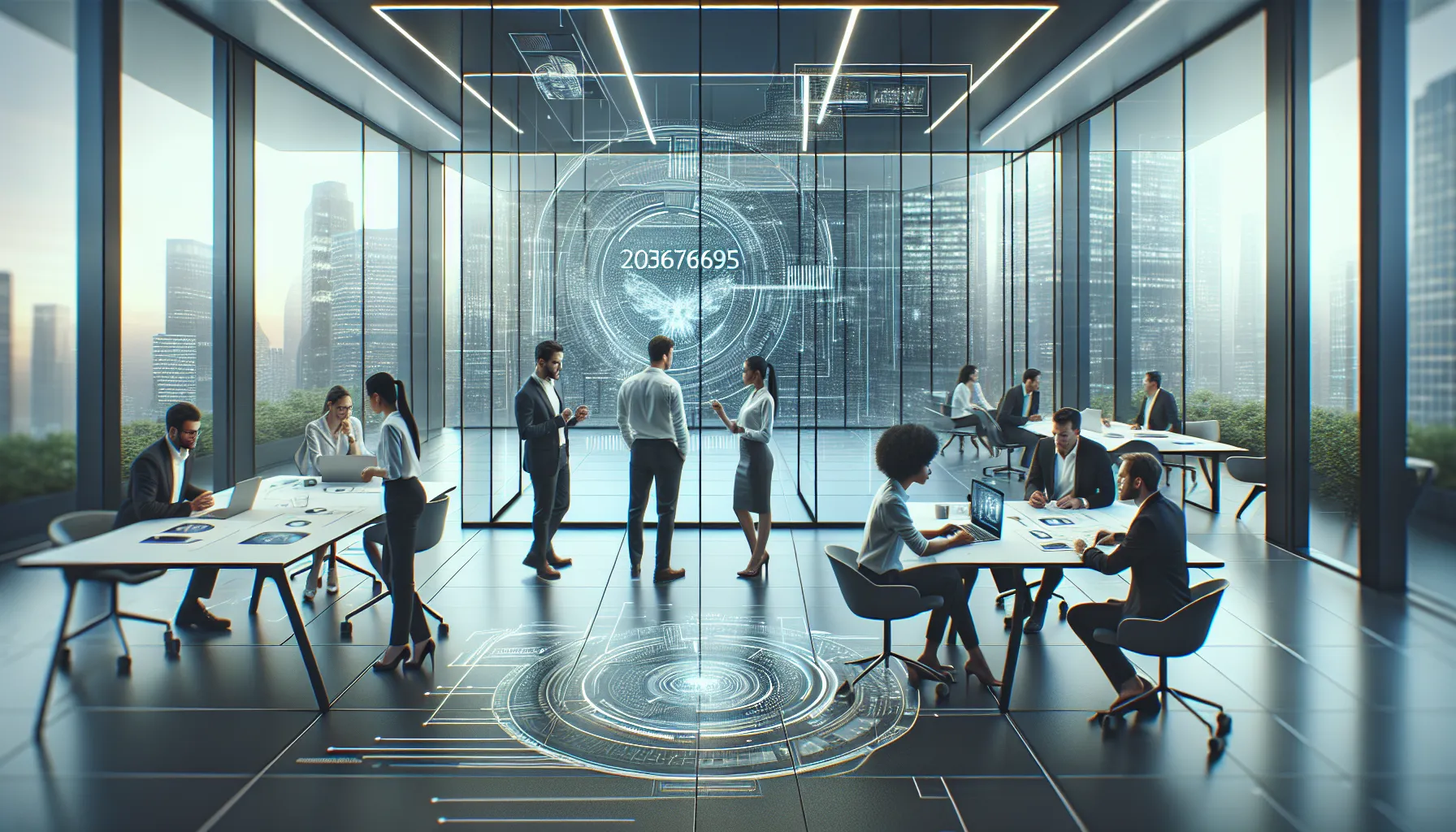 diverse professionals collaborating on futuristic technology applications in a modern office.