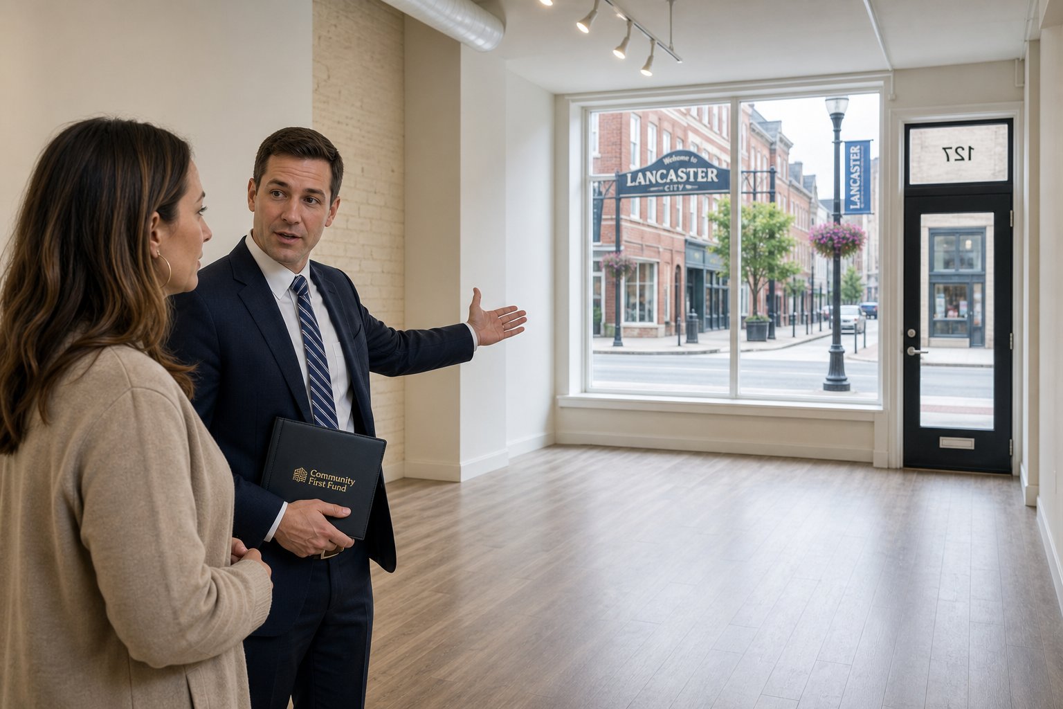 Banker and client viewing an empty retail unit in Lancaster during a commercial mortgage discussion.