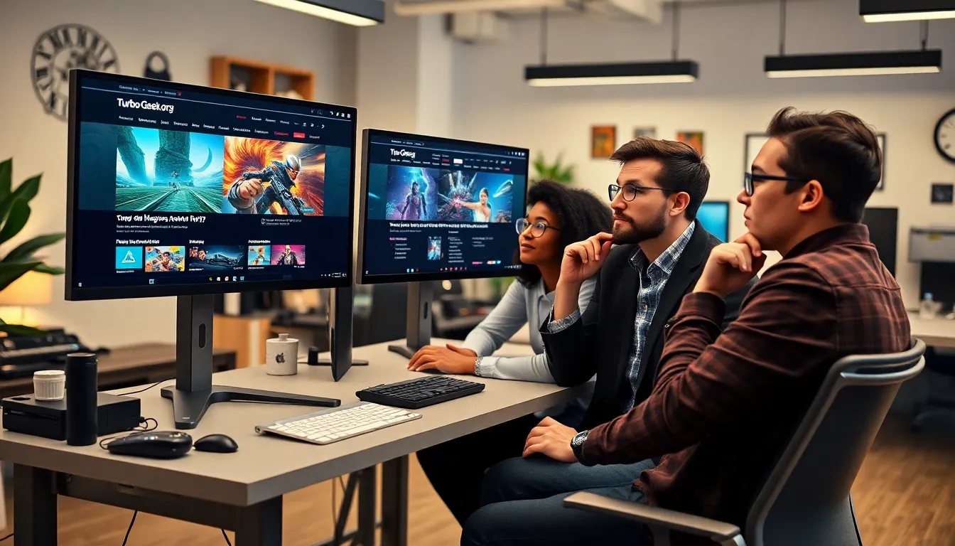 group engaging with screens showing Turbo Geek.org in a modern workspace.