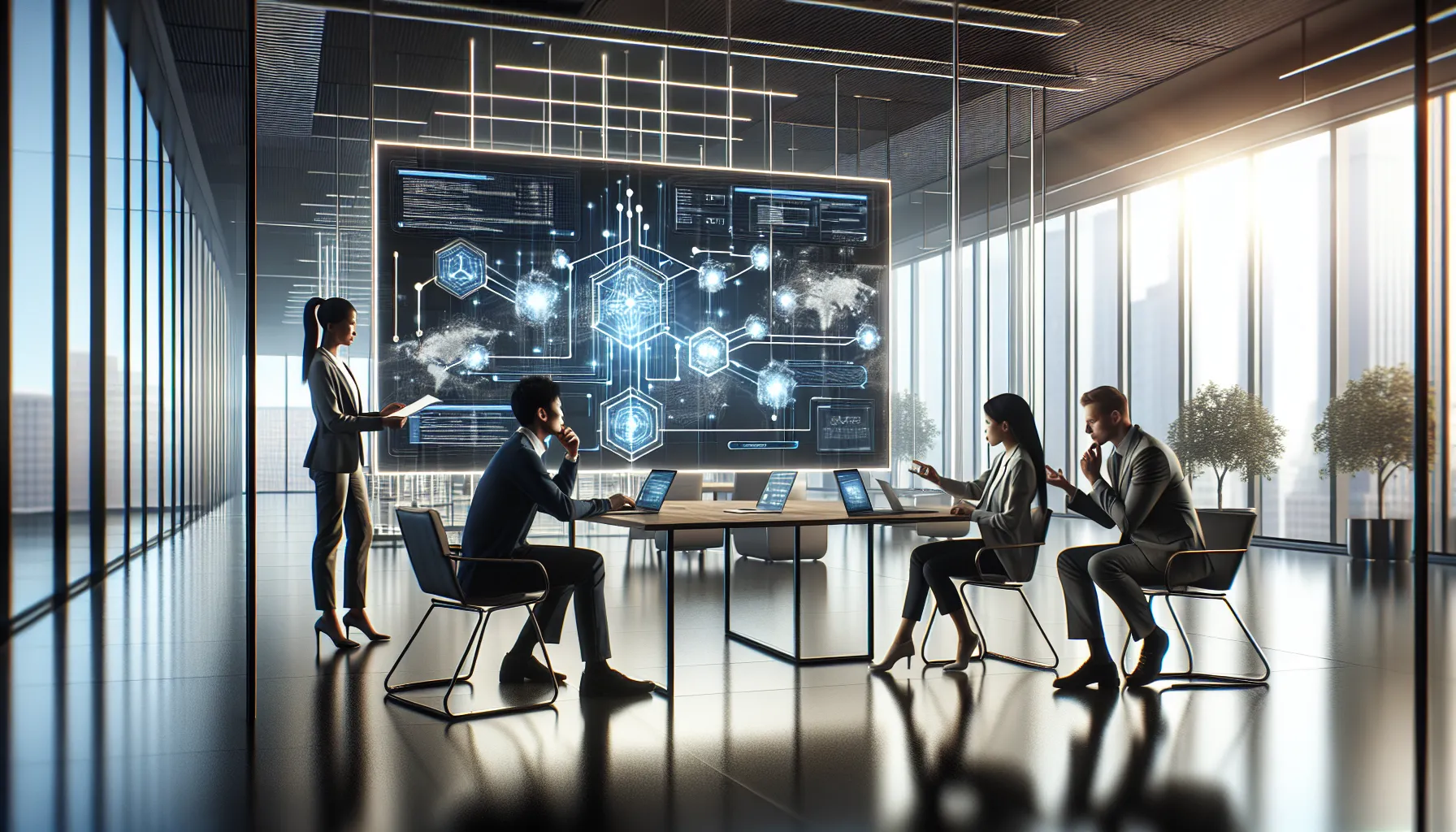 diverse team collaborating over networking and software development.