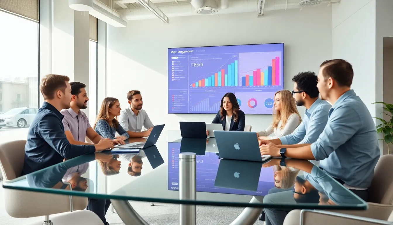 diverse team collaborating on mobile app engagement strategies in a modern office.