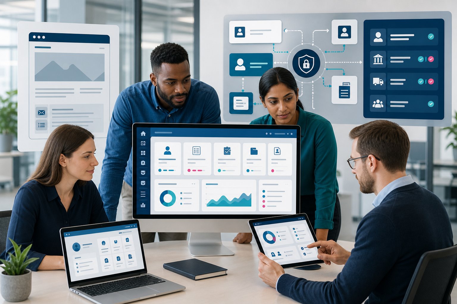 Professionals reviewing a secure web portal dashboard in a modern office.