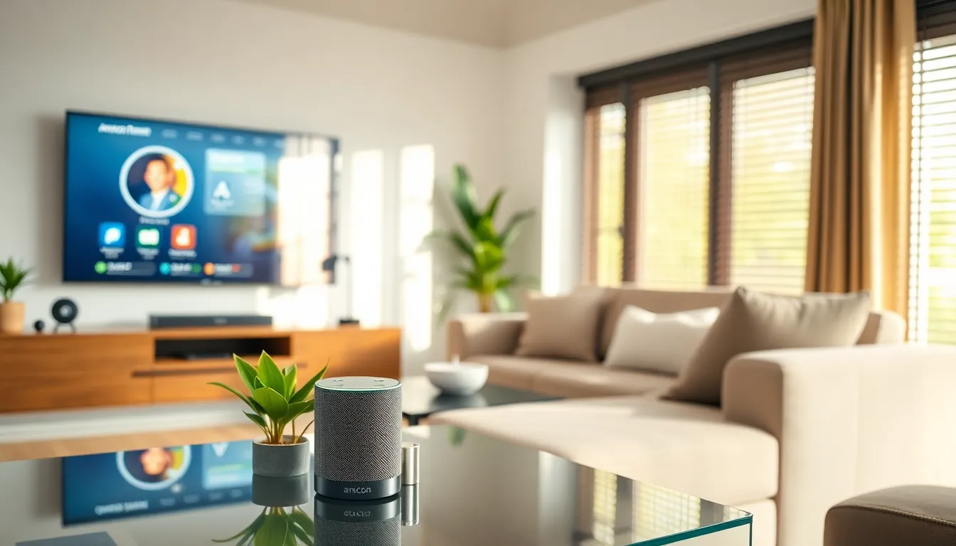 modern living room with integrated Amazon smart home devices.