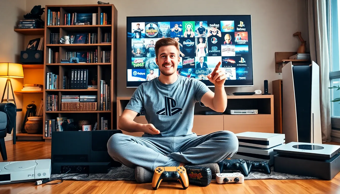 gamer reminiscing with various PlayStation consoles in a cozy room.