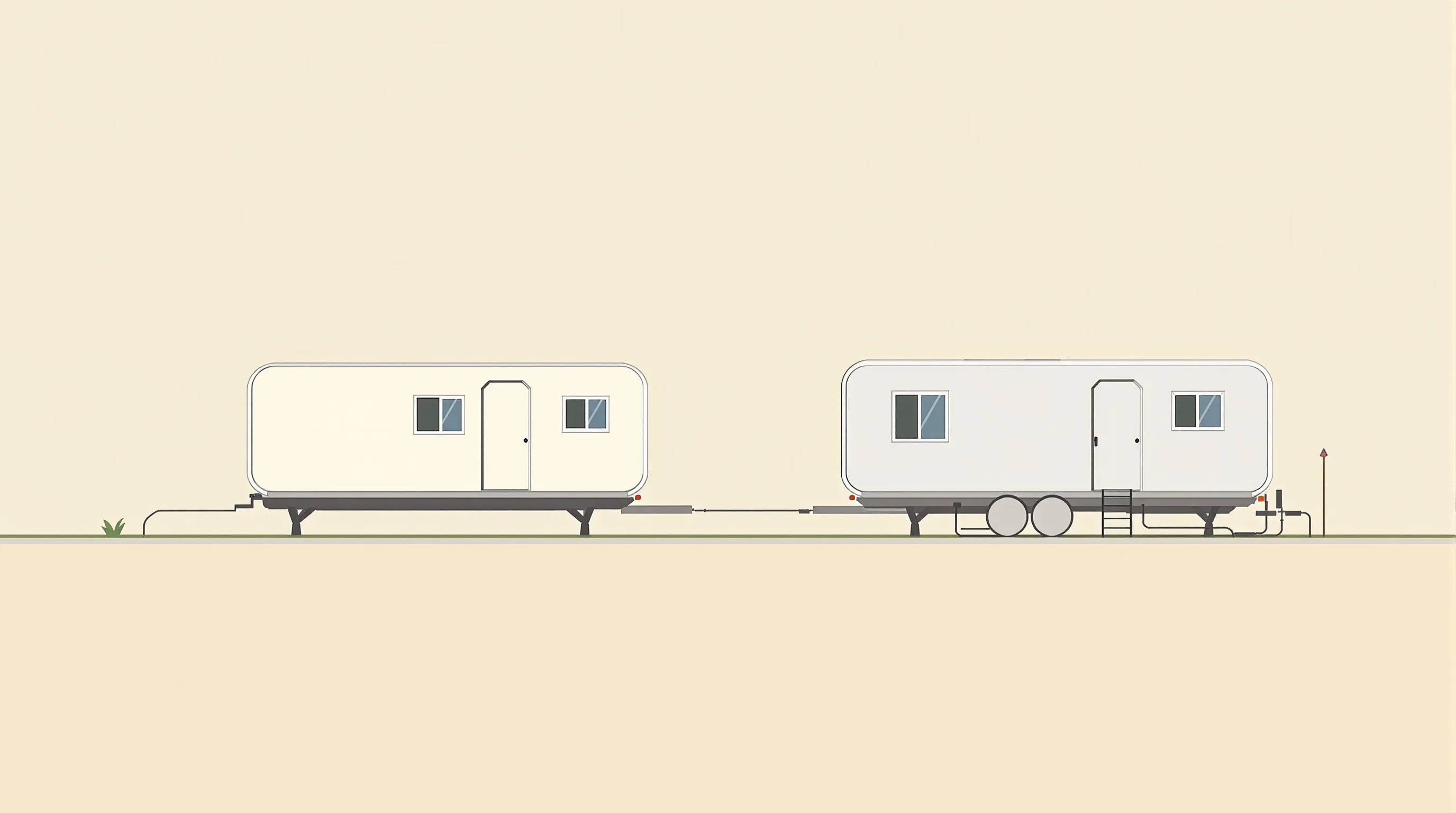 Two simple mobile homes showing temporary parking versus permanent installation on land.